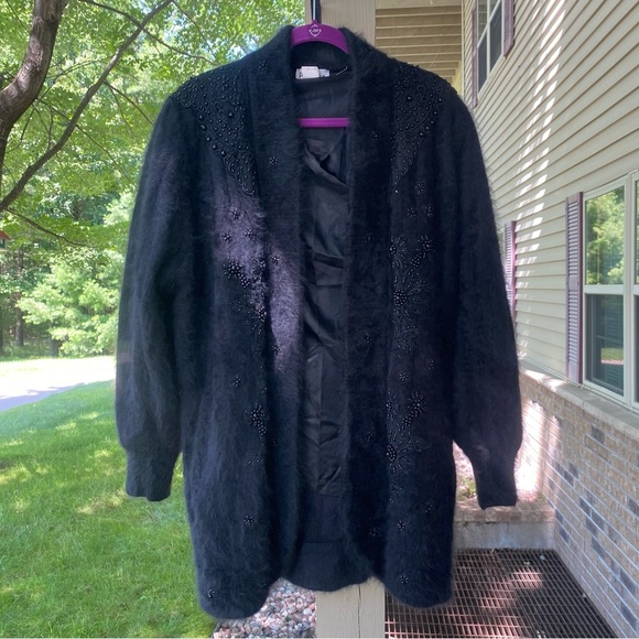 Phoenix Black Angora Rabbit Fur Open Coat Floral Embellishments - Picture 2 of 6